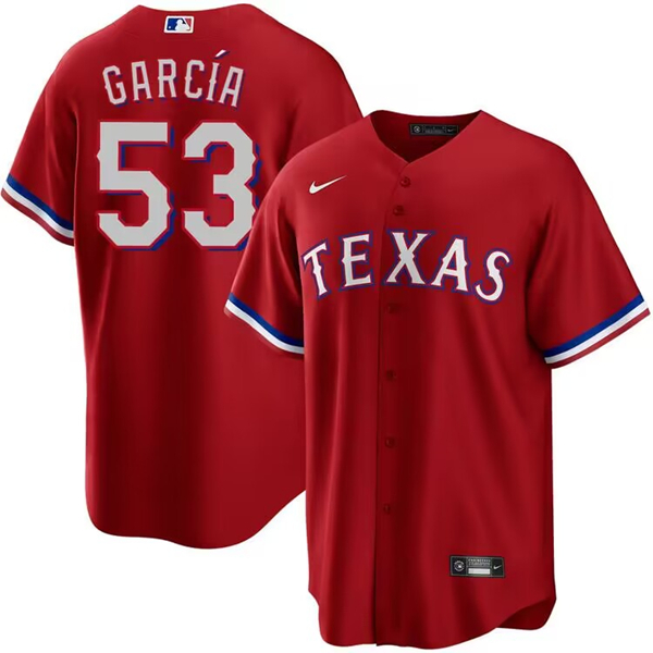Men's Texas Rangers #53 Adolis Garcia Red Cool Base Stitched Baseball Jersey Men's Texas Rangers #53 Adolis Garcia Red Cool Base Stitched Baseball Jersey